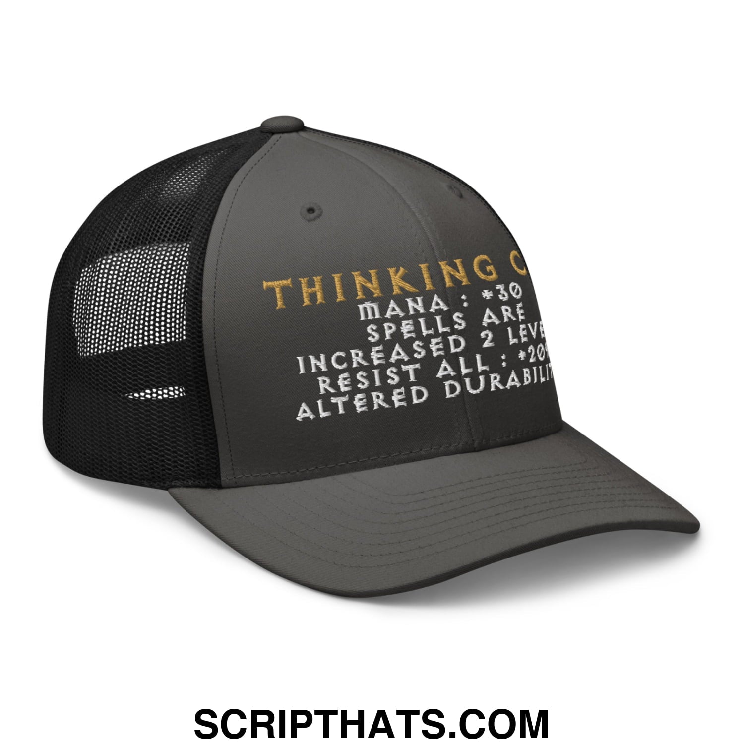Thinking Cap Diablo Embroidered Mesh Trucker Hat Charcoal Black