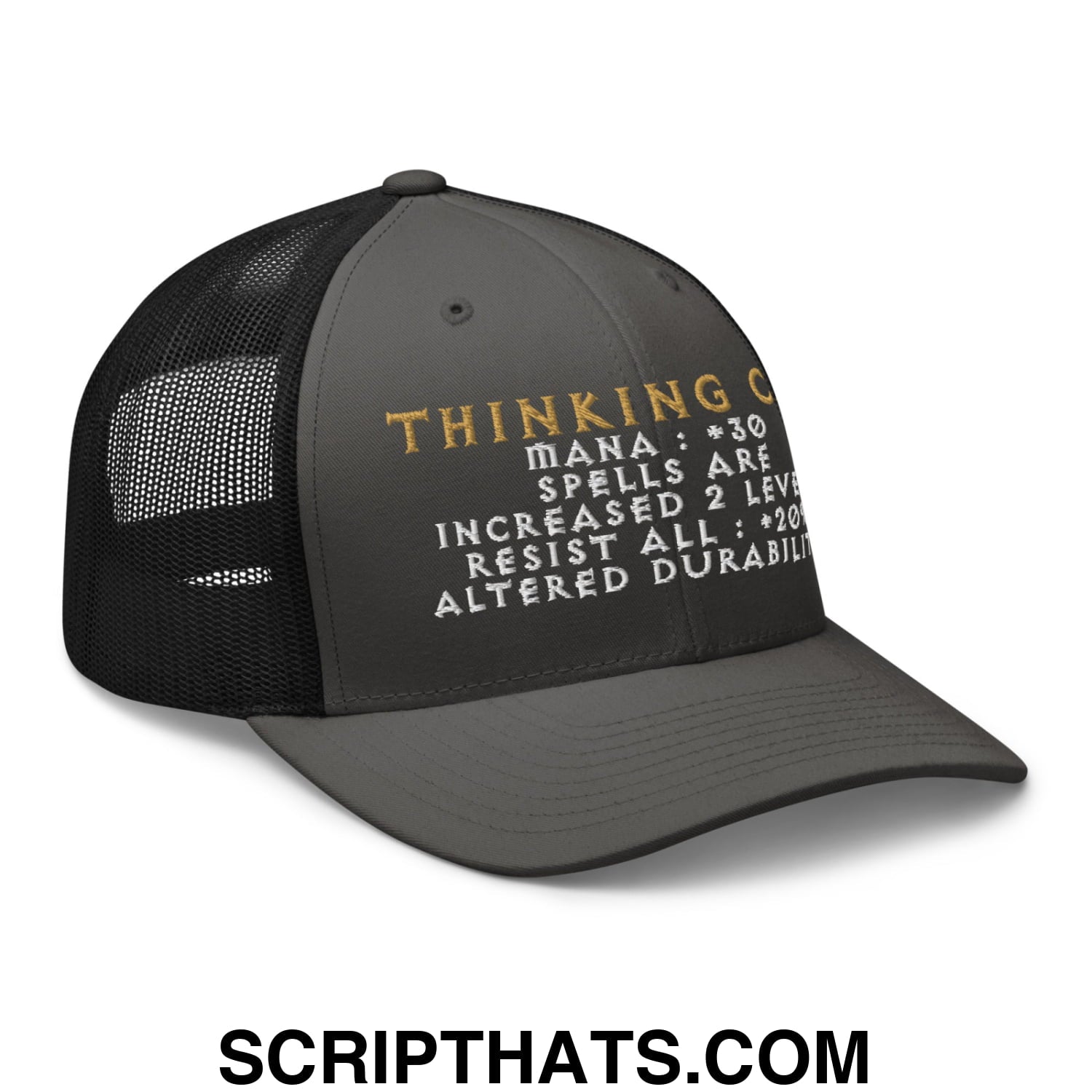 Thinking Cap Diablo Embroidered Mesh Trucker Hat Charcoal Black