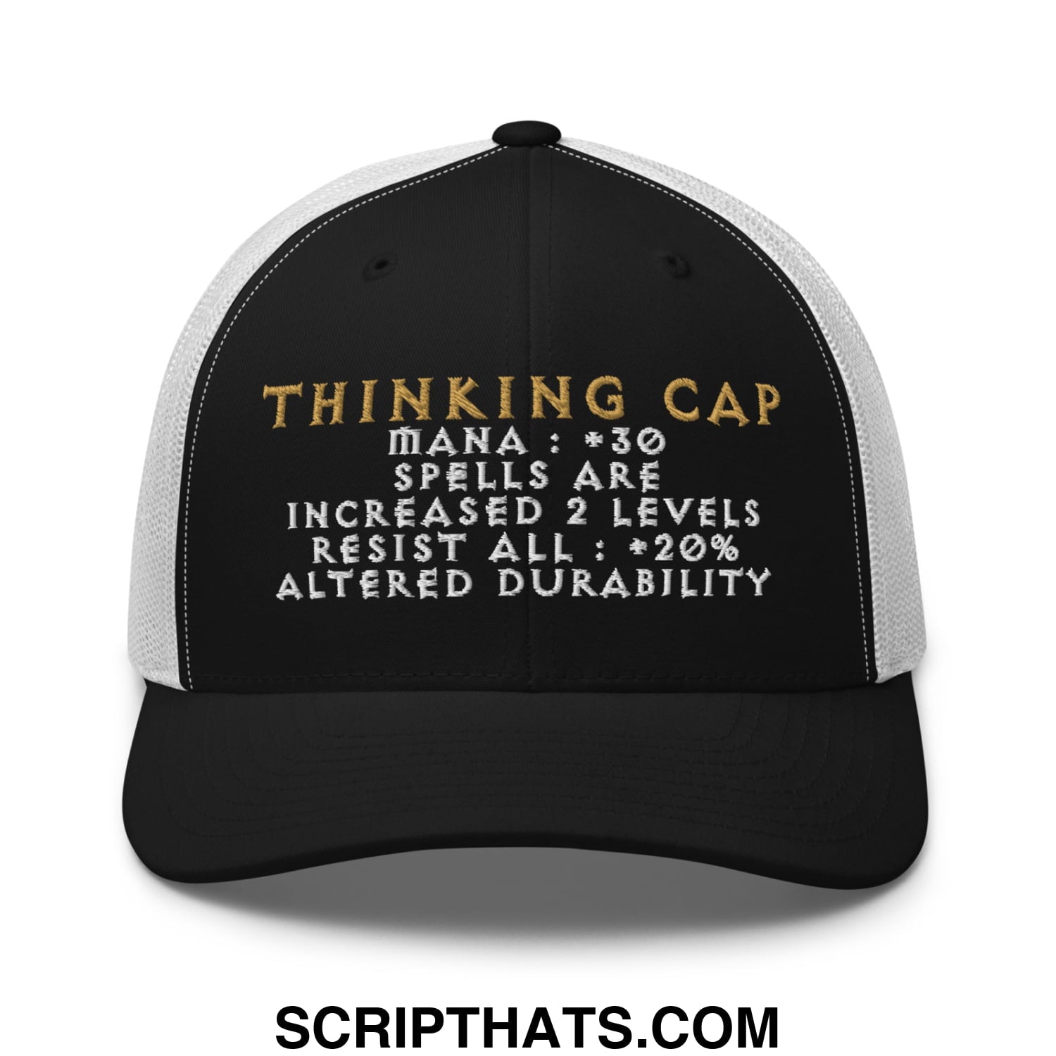 Thinking Cap Diablo Embroidered Mesh Trucker Hat Black White