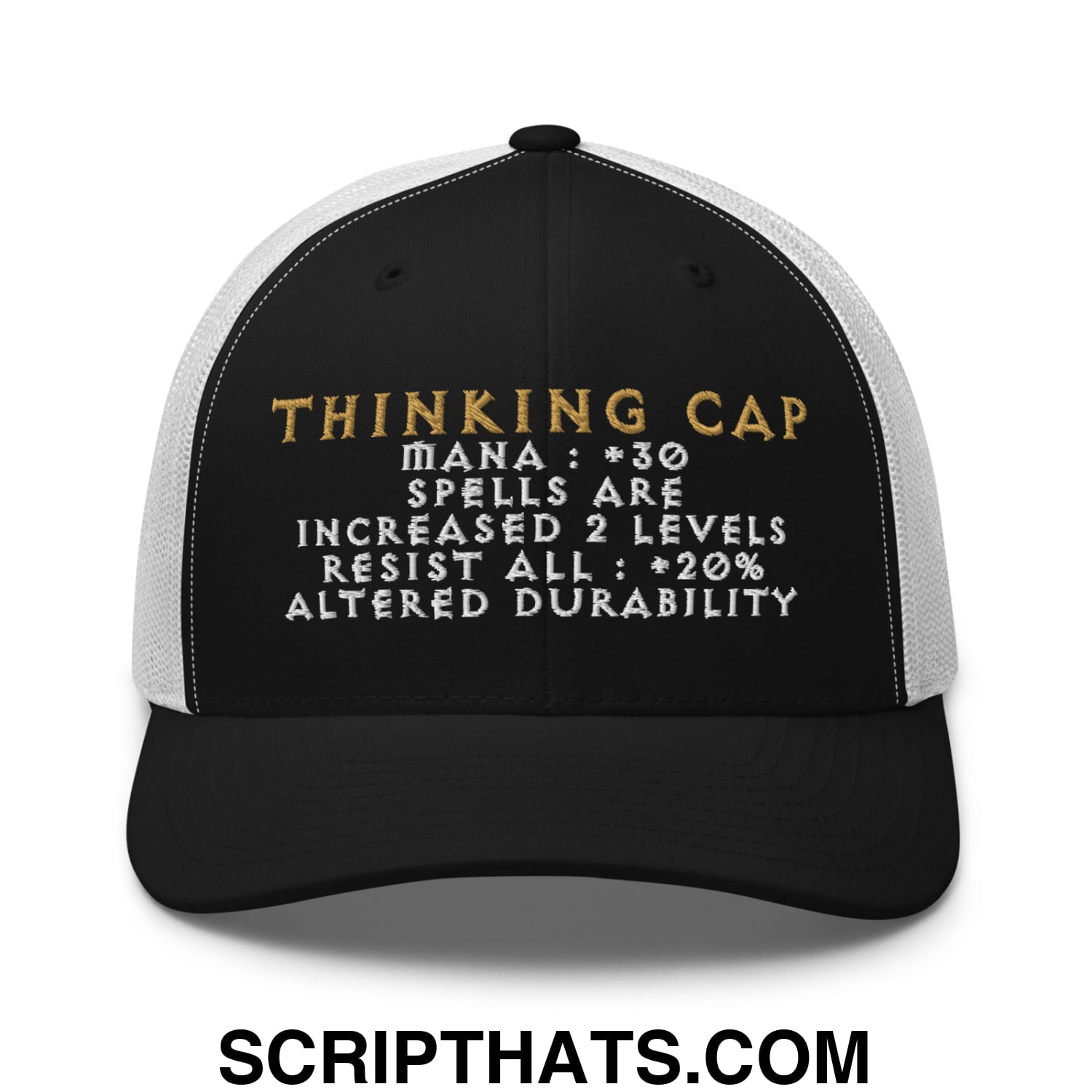 Thinking Cap Diablo Embroidered Mesh Trucker Hat Black White