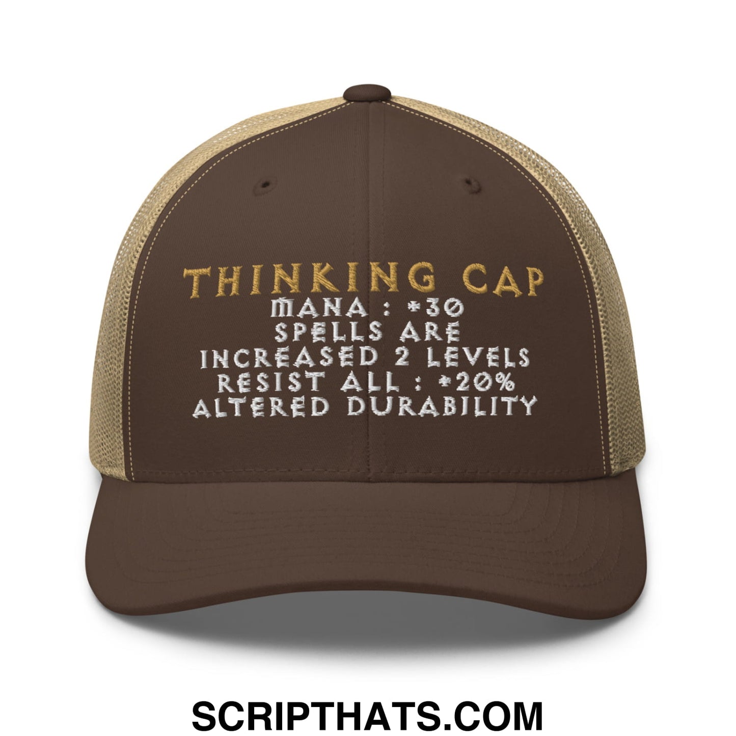 Thinking Cap Diablo Embroidered Mesh Trucker Hat Brown Khaki