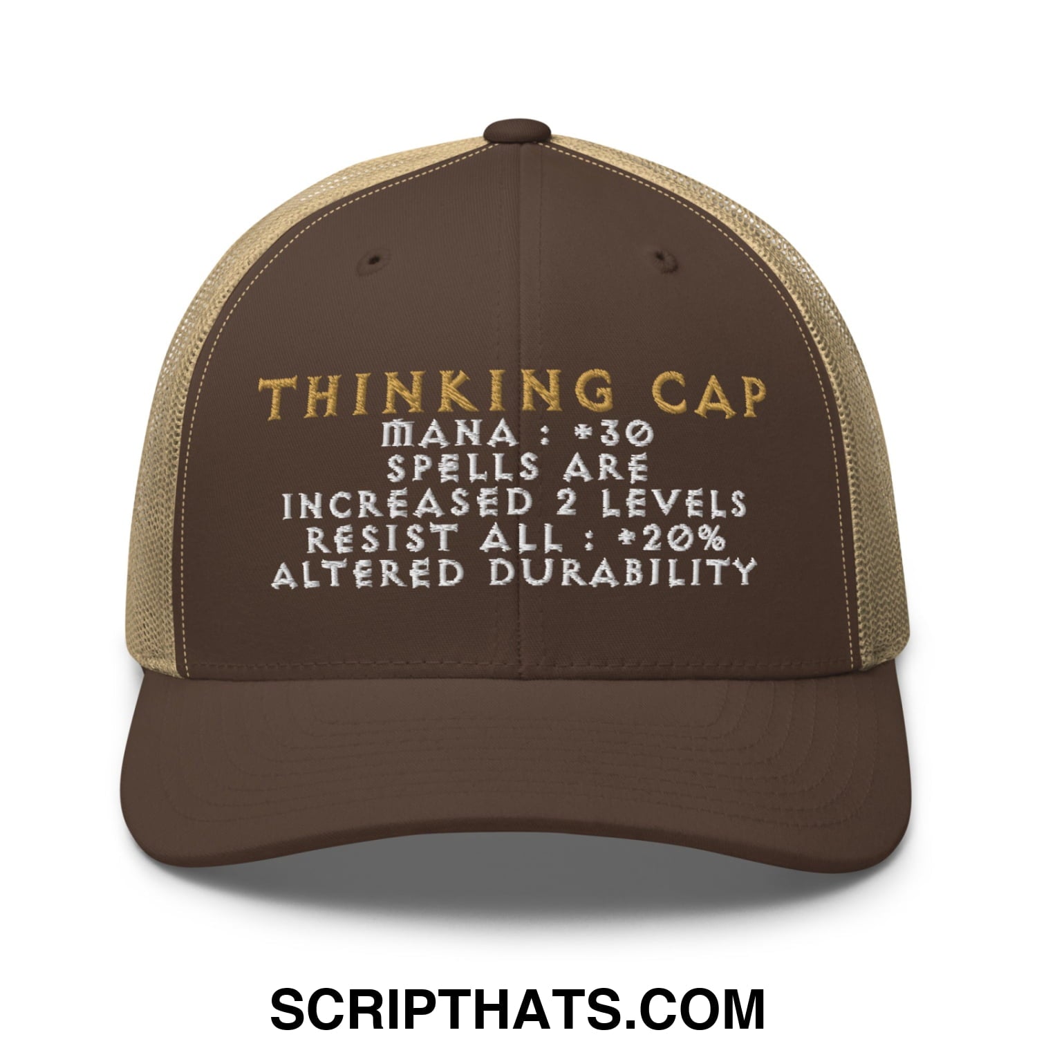Thinking Cap Diablo Embroidered Mesh Trucker Hat Brown Khaki