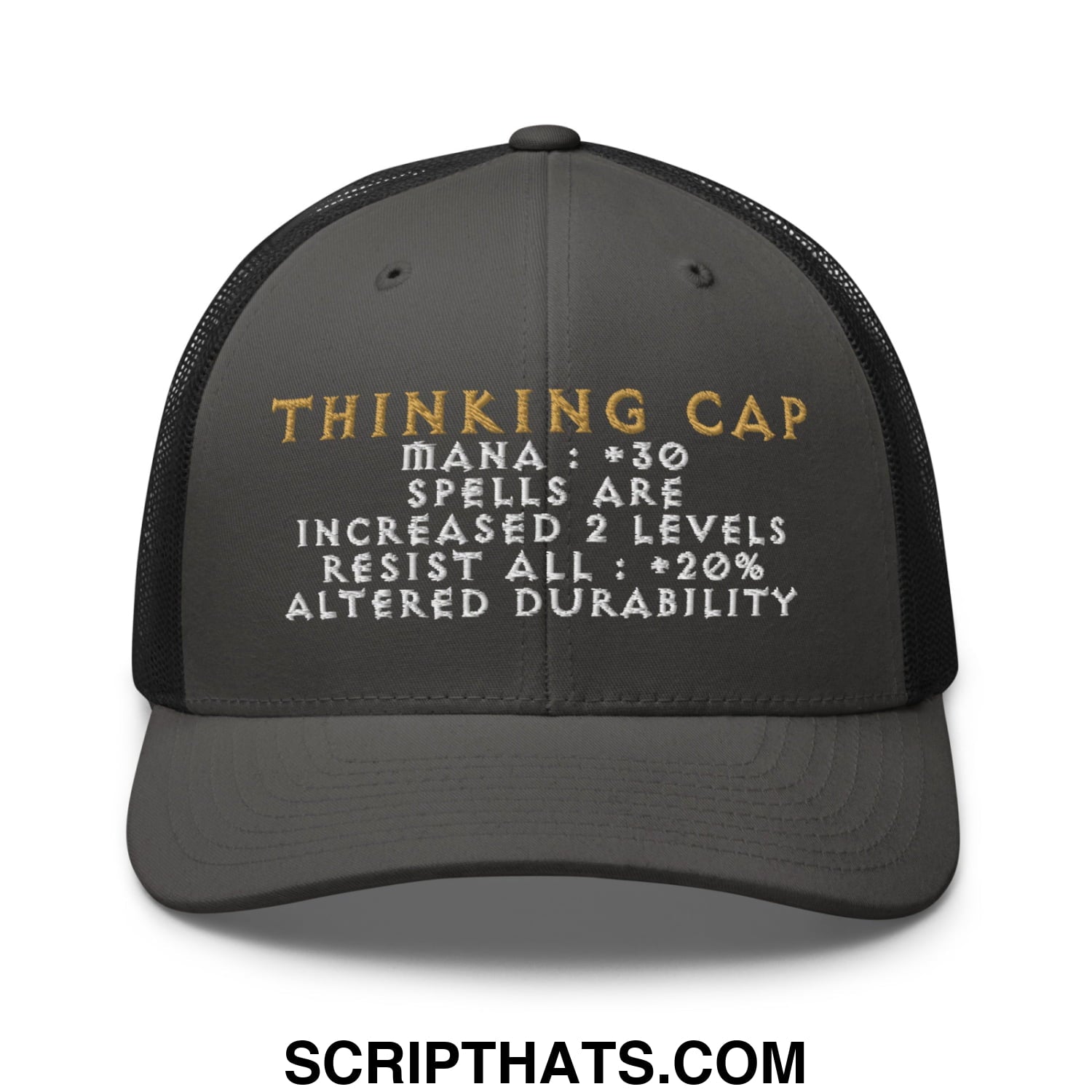 Thinking Cap Diablo Embroidered Mesh Trucker Hat Charcoal Black