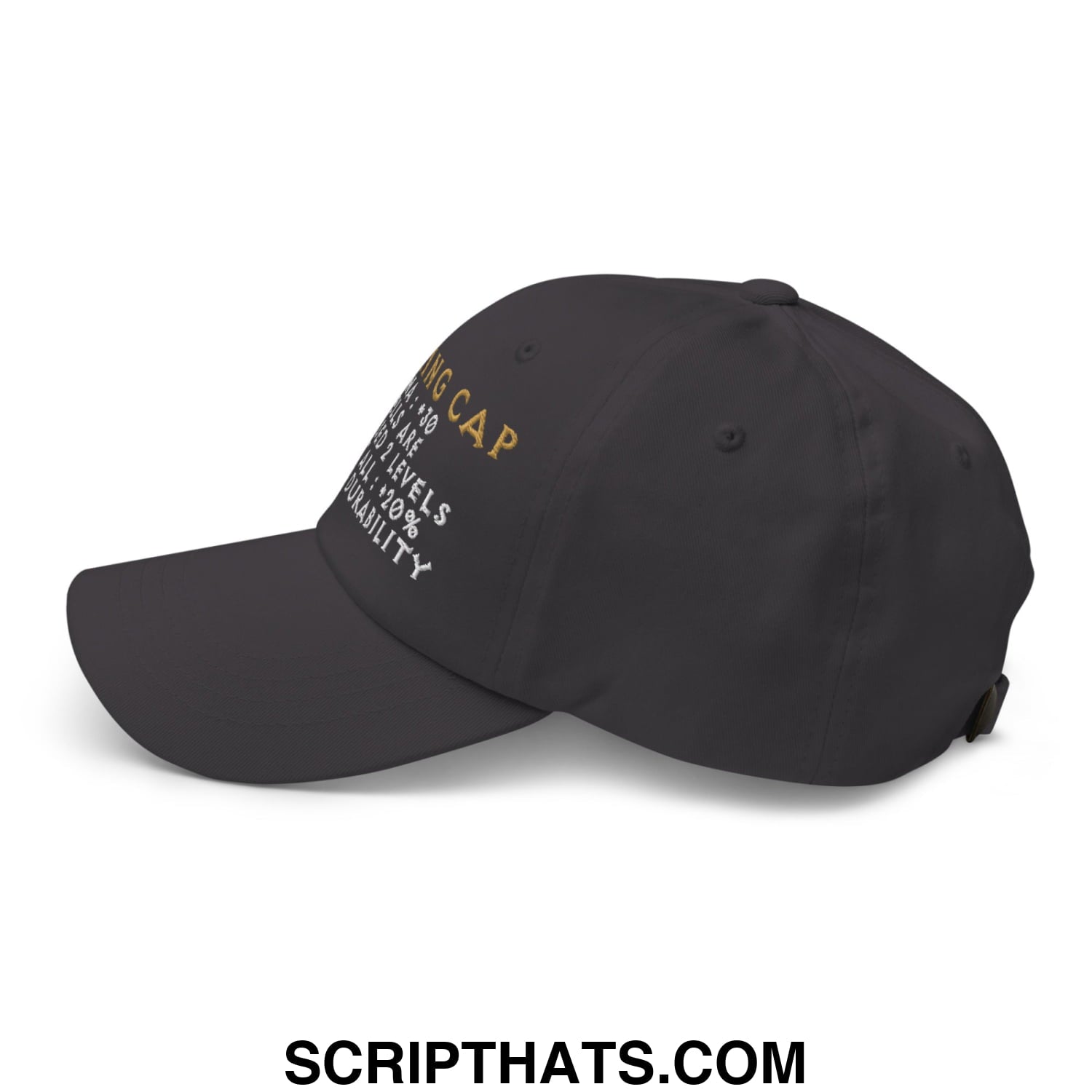 Black thinking cap diablo embroidered unstructured dad hat with gold and white diving cap text and durability stats