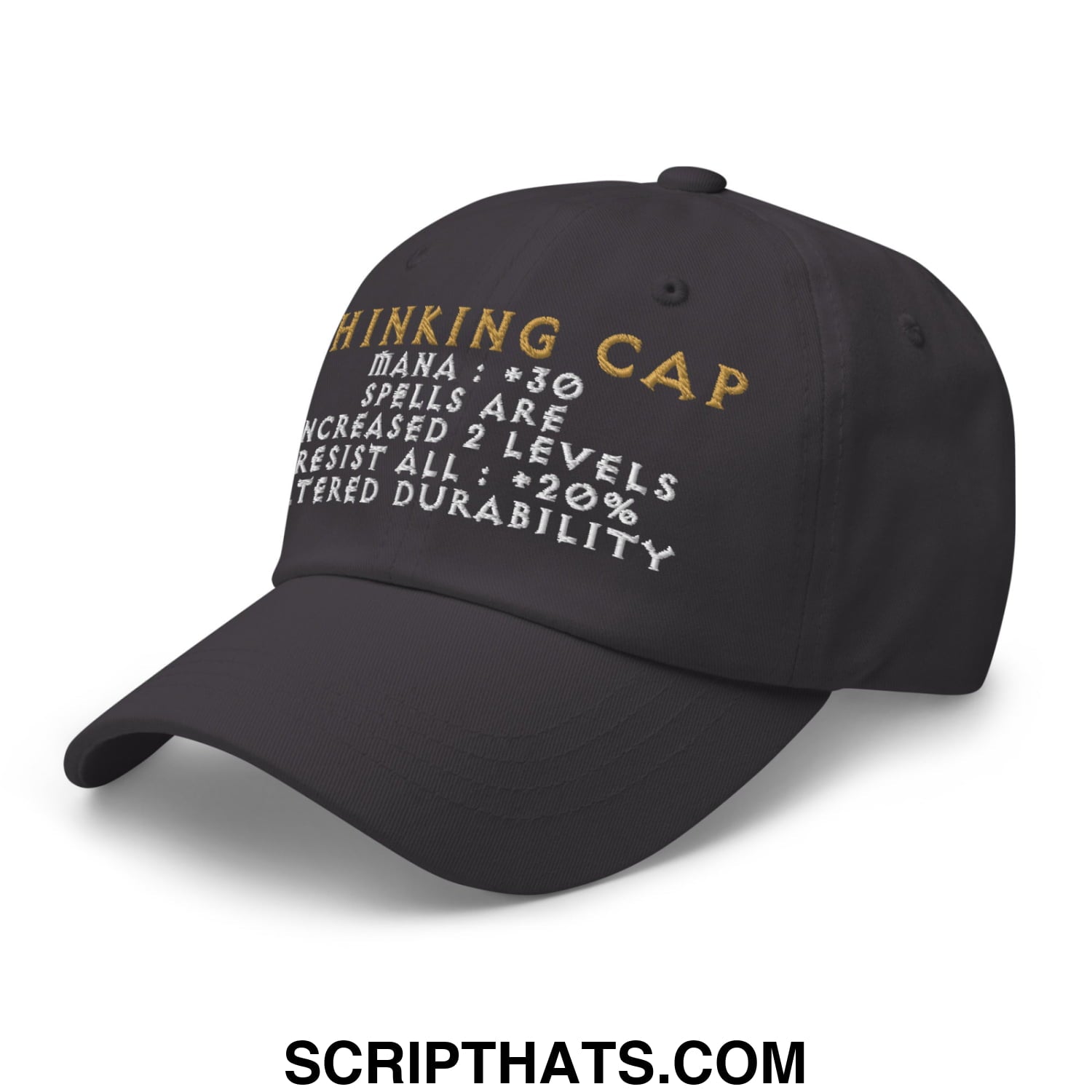 Black thinking cap diablo embroidered unstructured dad hat with gold and white game inspired stats text