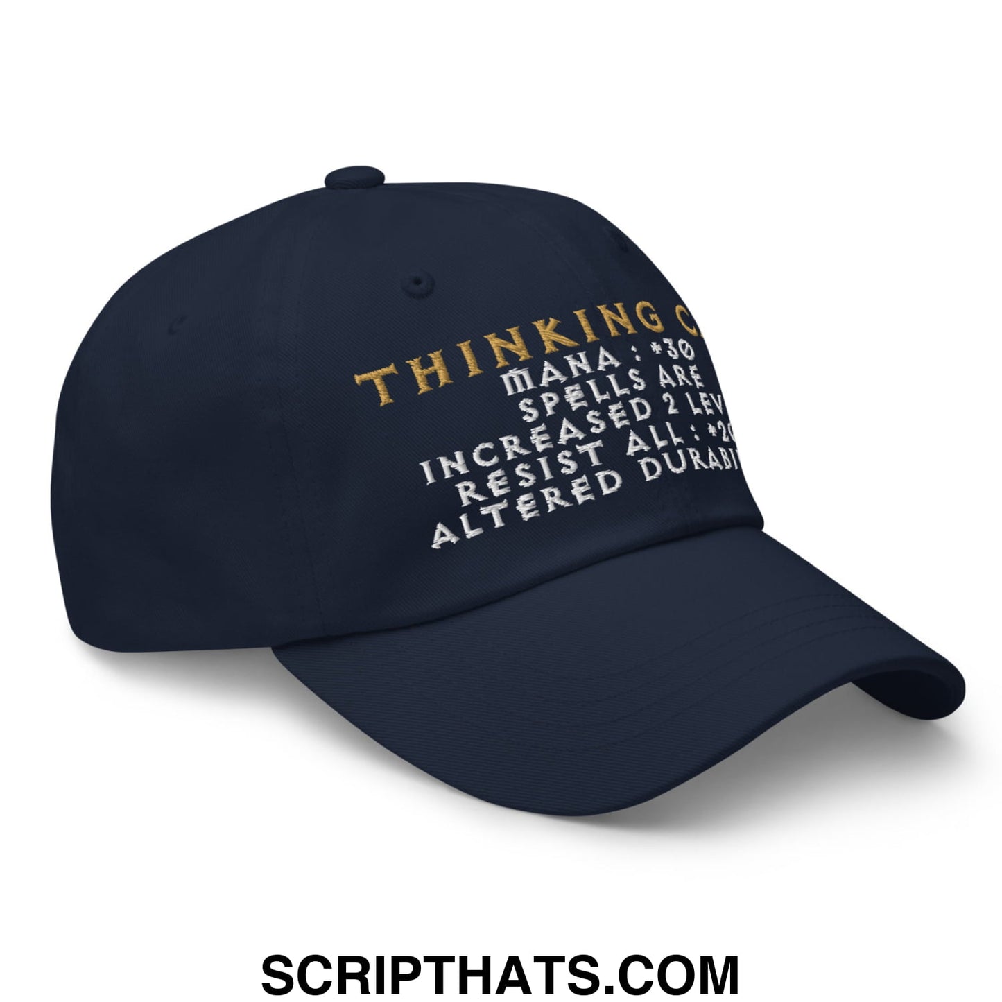 Navy blue thinking cap diablo embroidered unstructured dad hat with gold and white game-like stat text