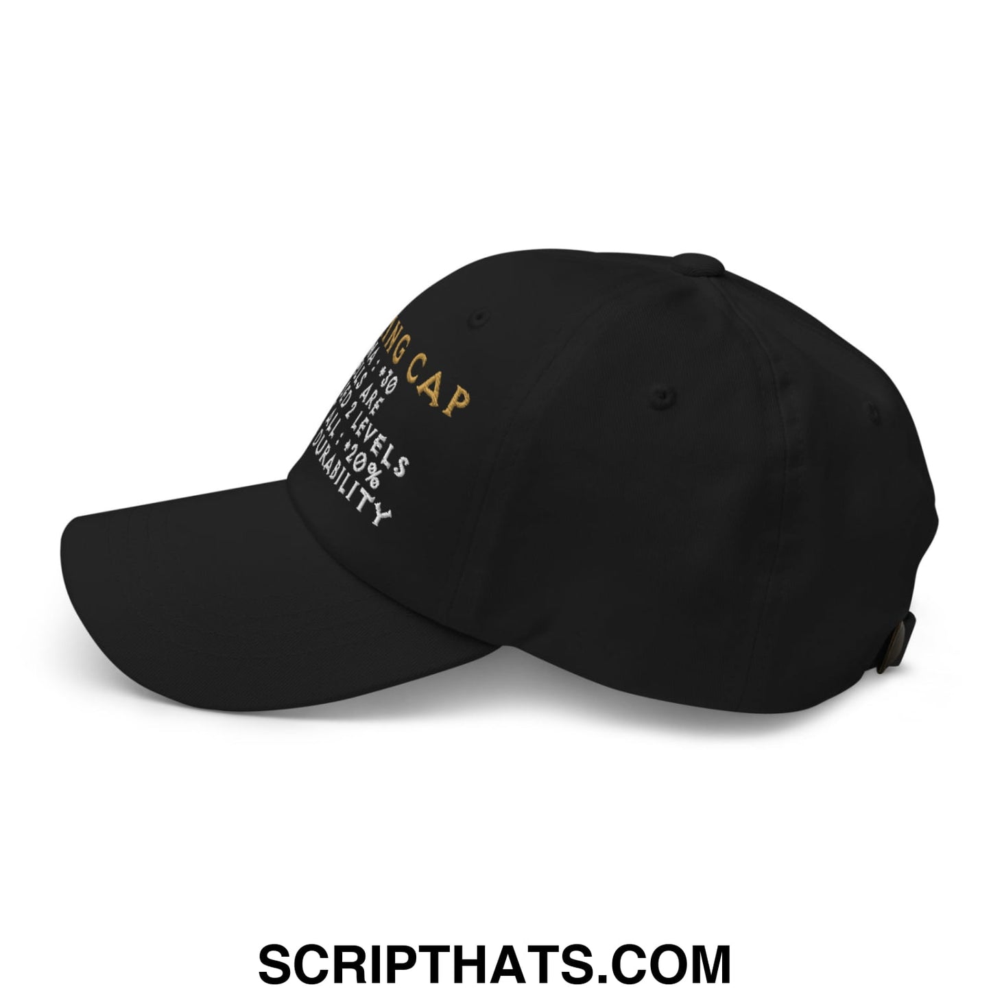 Black unstructured dad hat with gold and white embroidered diving cap text and 100 percent durability stats