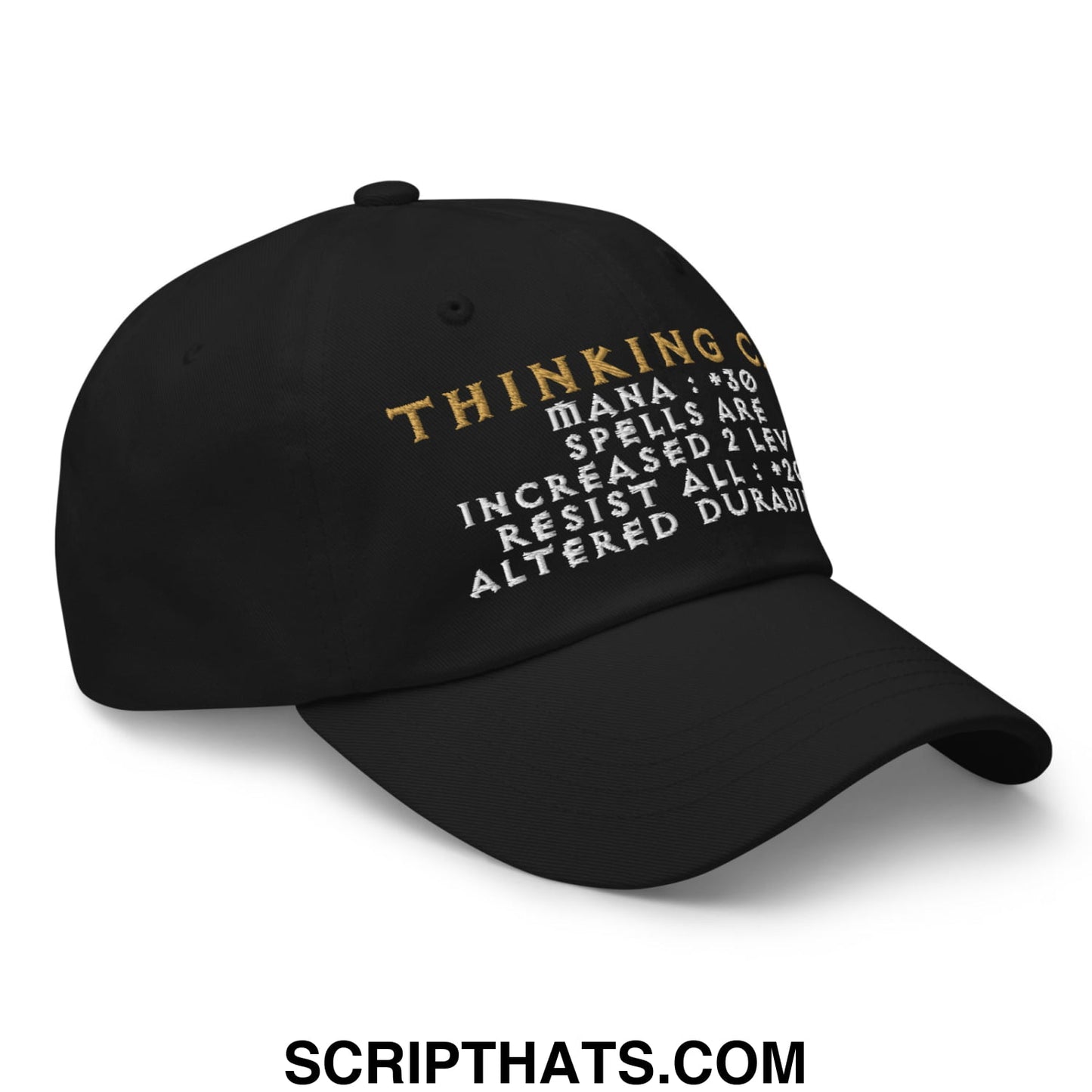 Black thinking cap diablo embroidered unstructured dad hat with gold and white text featuring spell stats design