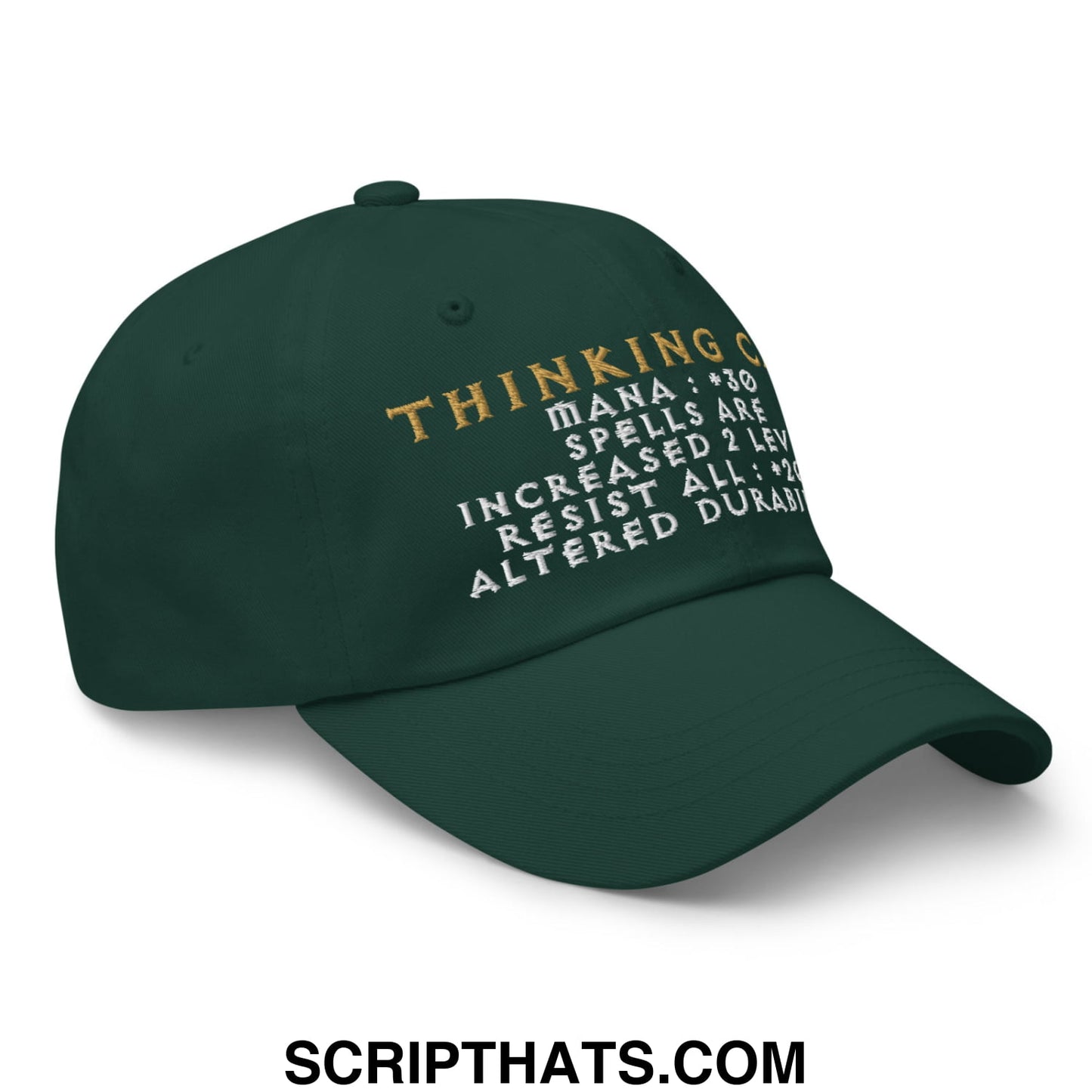 Dark green thinking cap diablo embroidered unstructured dad hat with gold and white text on front panel