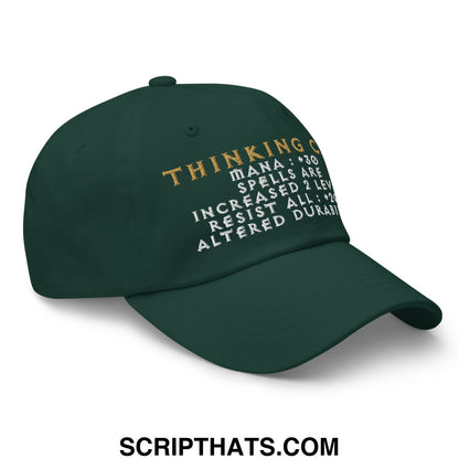 Dark green thinking cap diablo embroidered unstructured dad hat with gold and white text on front panel