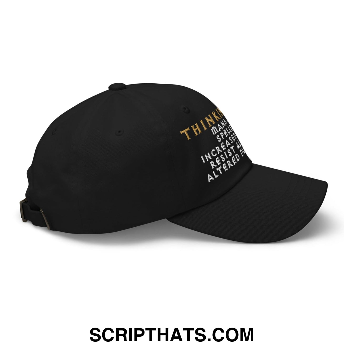 Black Thinking Cap Diablo embroidered unstructured dad hat with gold and white text on front