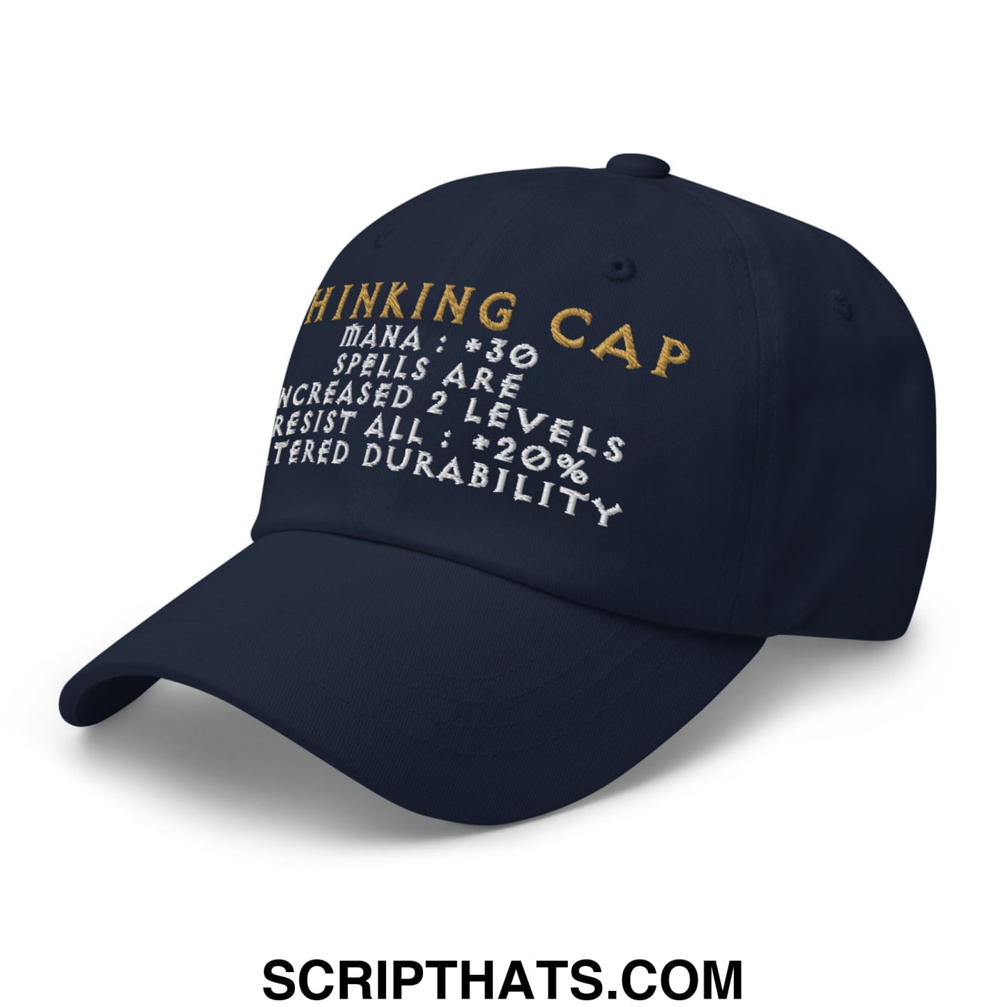Dark navy thinking cap diablo embroidered unstructured dad hat with gold and white game-like stats text