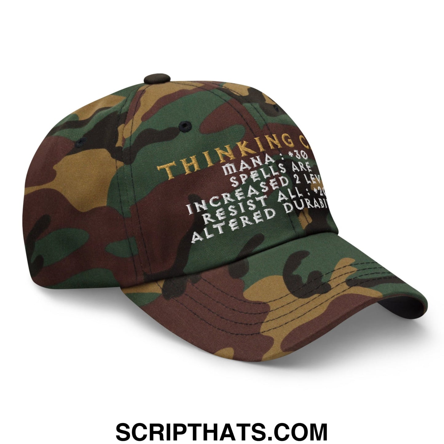 Thinking cap diablo embroidered unstructured dad hat in camouflage with gold and white spell text on front