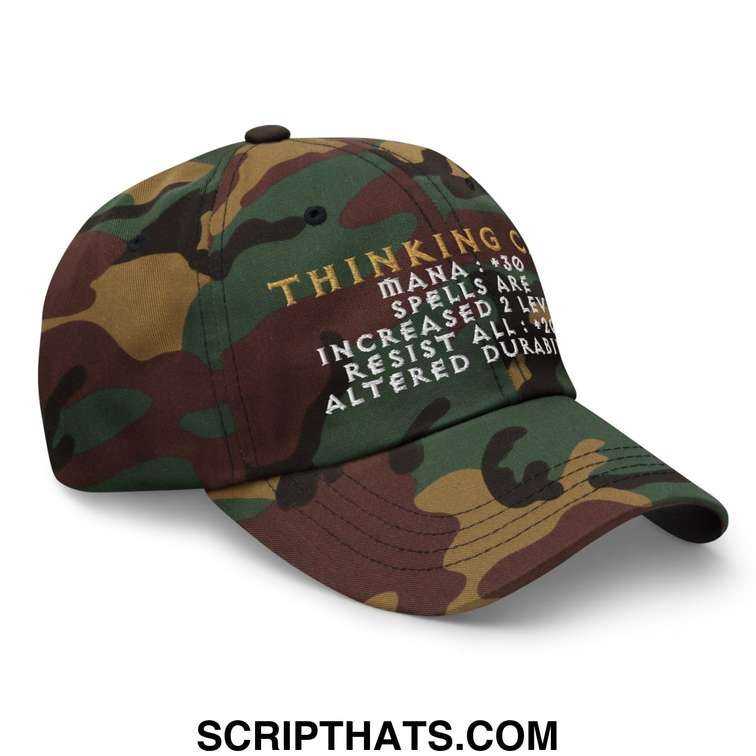 Thinking cap diablo embroidered unstructured dad hat in camouflage with gold and white spell text on front