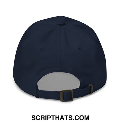 Navy blue thinking cap diablo embroidered unstructured dad hat showing adjustable strap with metal buckle on back