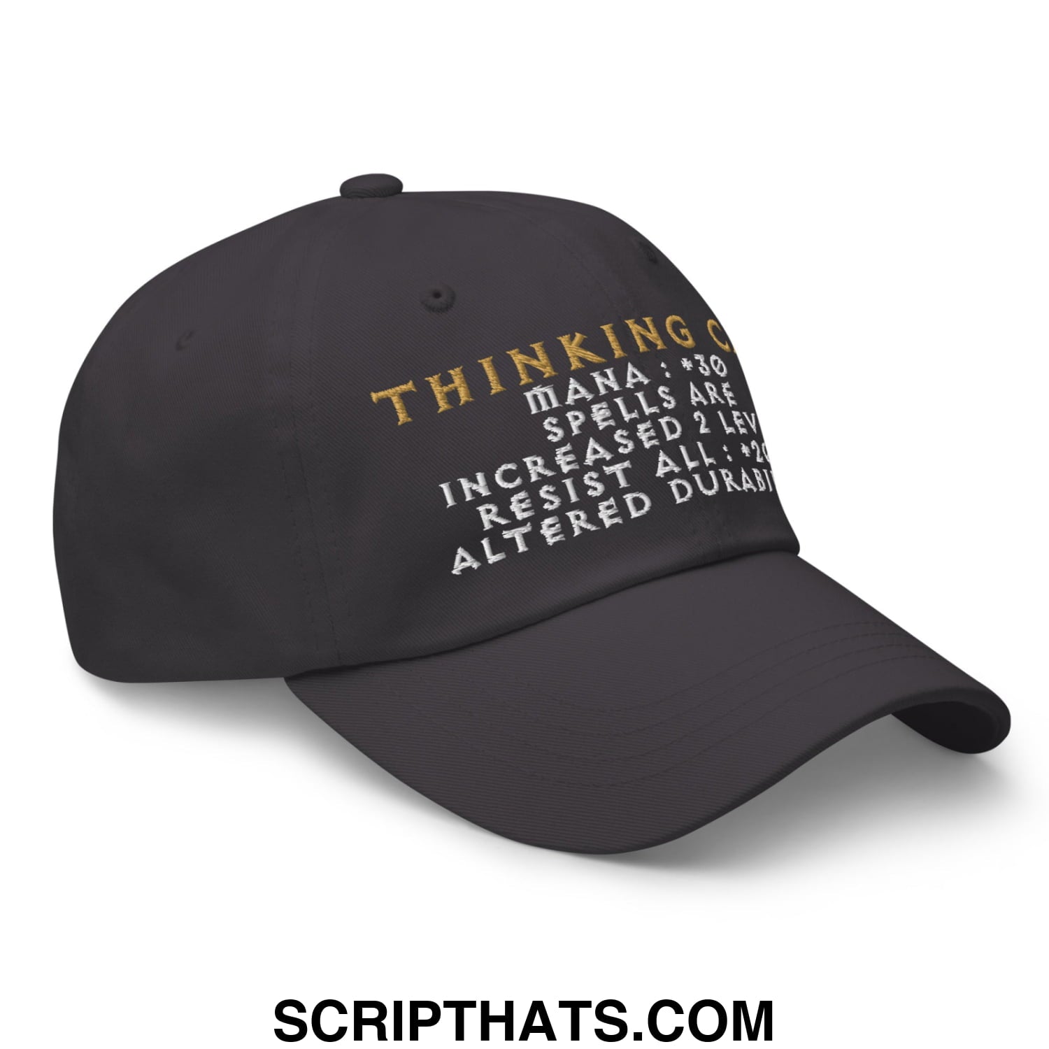 Black thinking cap diablo embroidered unstructured dad hat with gold and white spell text on front panel