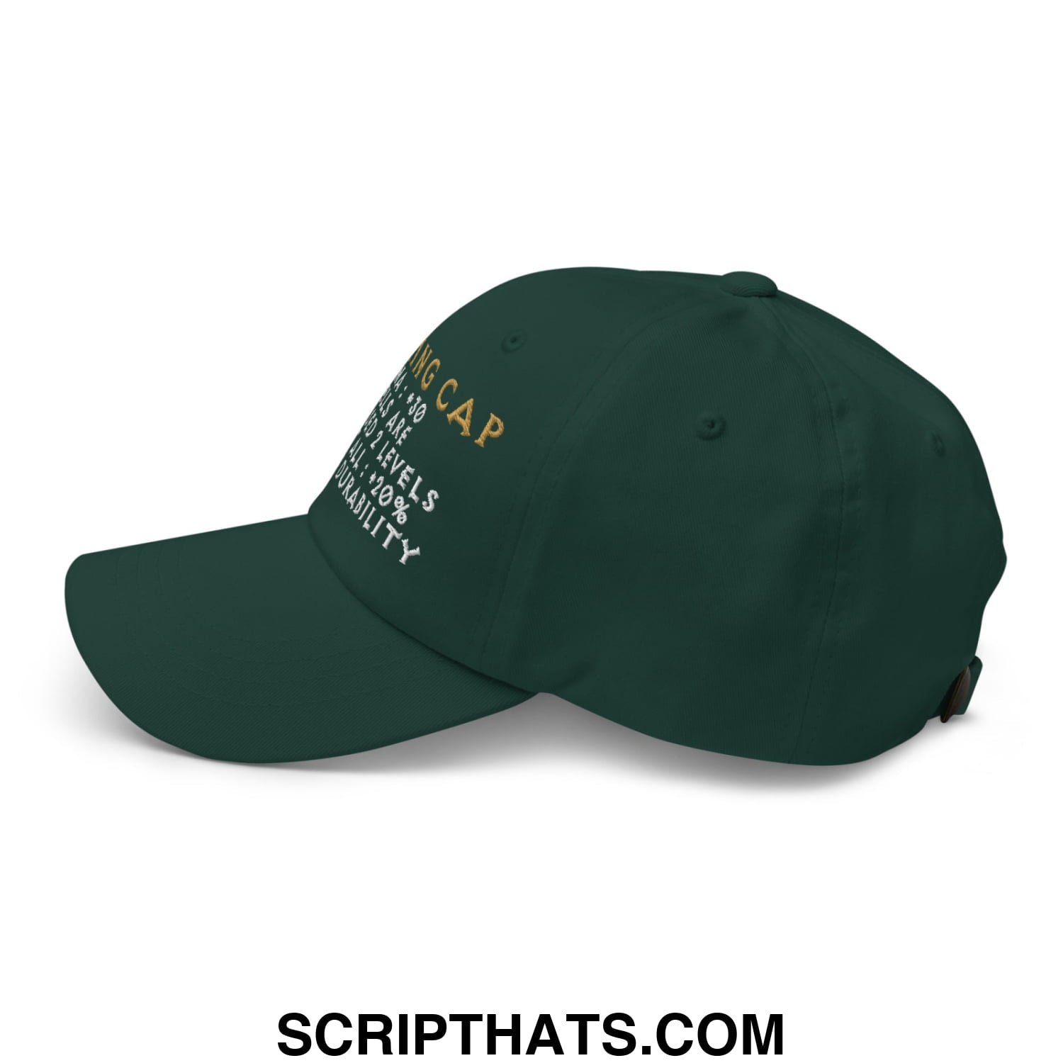 Dark green thinking cap diablo embroidered dad hat with gold and white diving cap text and durability details
