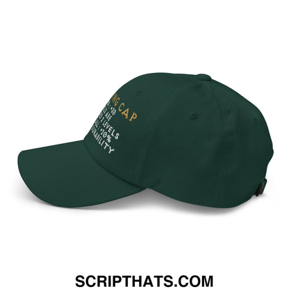 Dark green thinking cap diablo embroidered dad hat with gold and white diving cap text and durability details