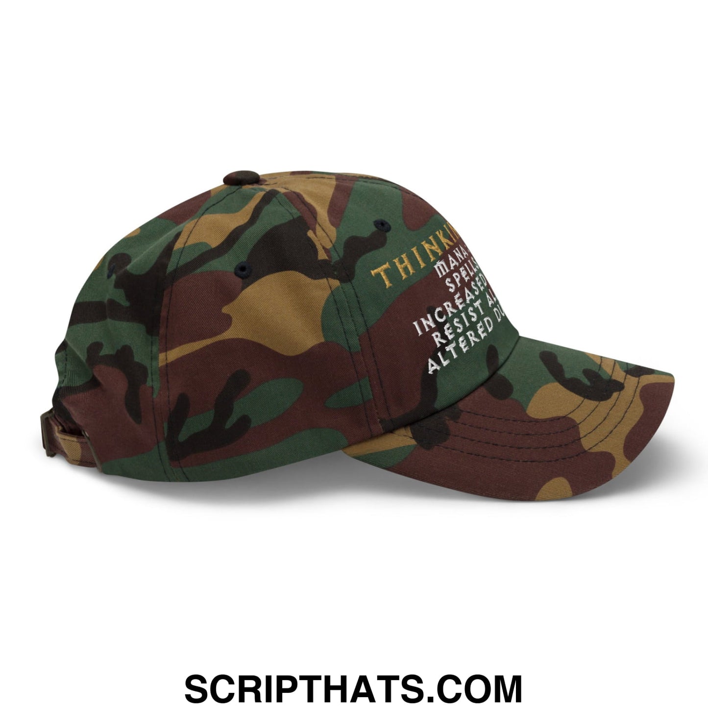 Thinking cap diablo embroidered unstructured dad hat in camouflage with gold and white embroidered text