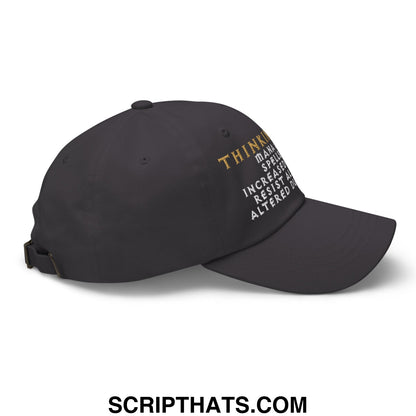 Black thinking cap diablo embroidered unstructured dad hat with gold and white text on the side