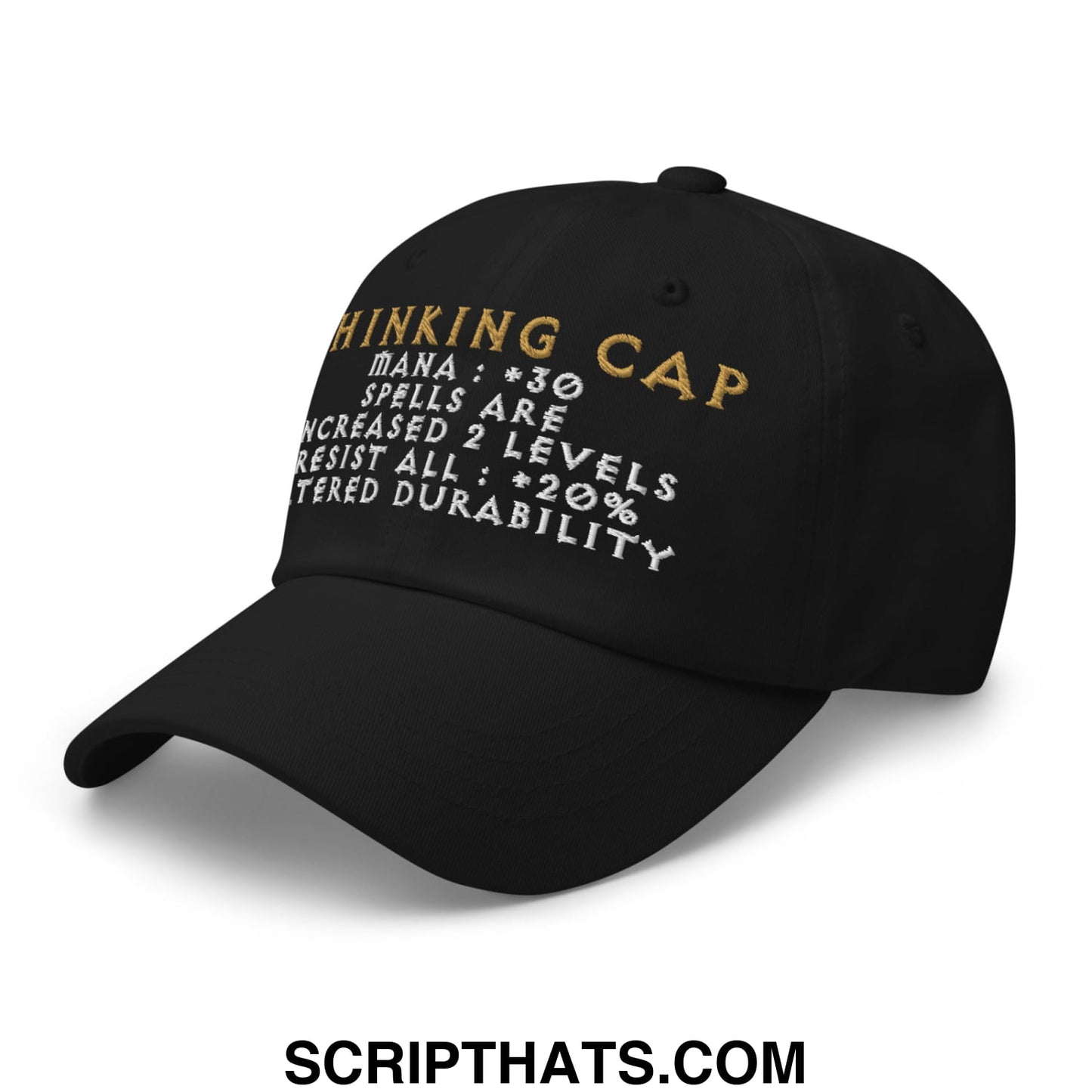 Black unstructured dad hat with gold and white thinking cap embroidery and game stats, thinking cap diablo design
