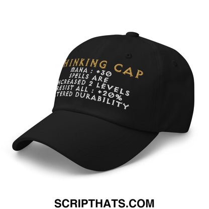 Black unstructured dad hat with gold and white thinking cap embroidery and game stats, thinking cap diablo design