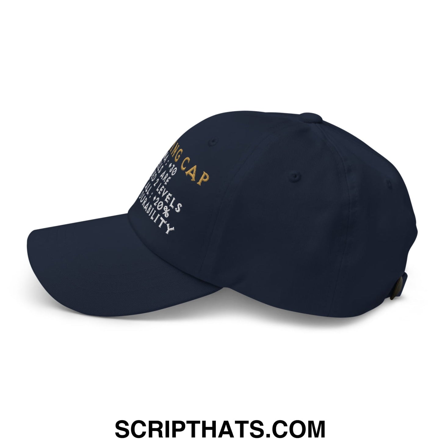 Navy blue Thinking Cap Diablo embroidered unstructured dad hat with gold white diving cap text and durability stats