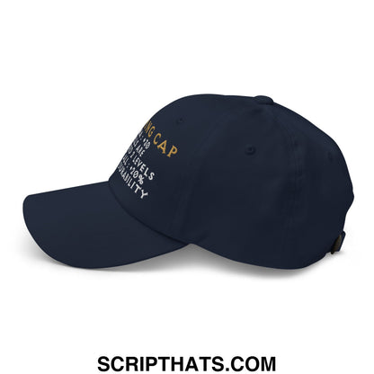 Navy blue Thinking Cap Diablo embroidered unstructured dad hat with gold white diving cap text and durability stats