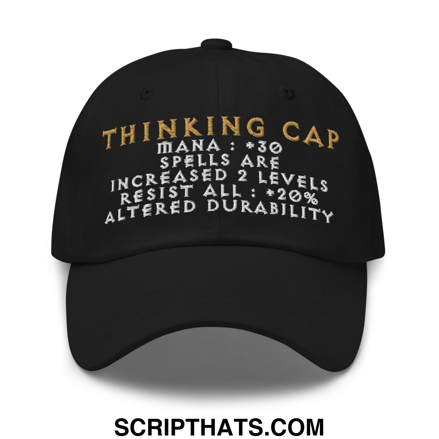 Black thinking cap diablo embroidered unstructured dad hat with gold and white game-like stats and text
