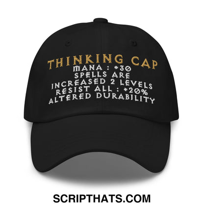 Black thinking cap diablo embroidered unstructured dad hat with gold and white game-like stats and text
