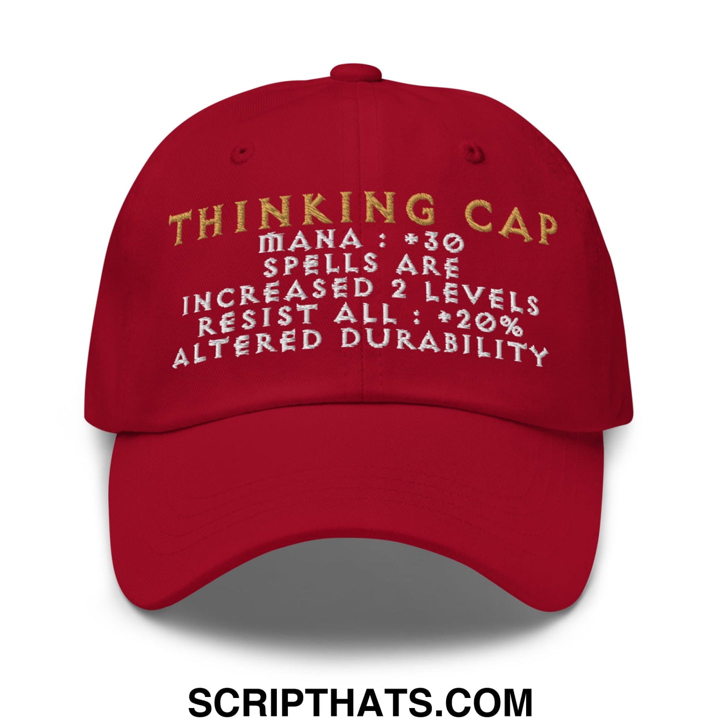 Red unstructured dad hat with thinking cap gold and white embroidered text and game-like stats design