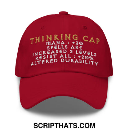 Red unstructured dad hat with thinking cap gold and white embroidered text and game-like stats design