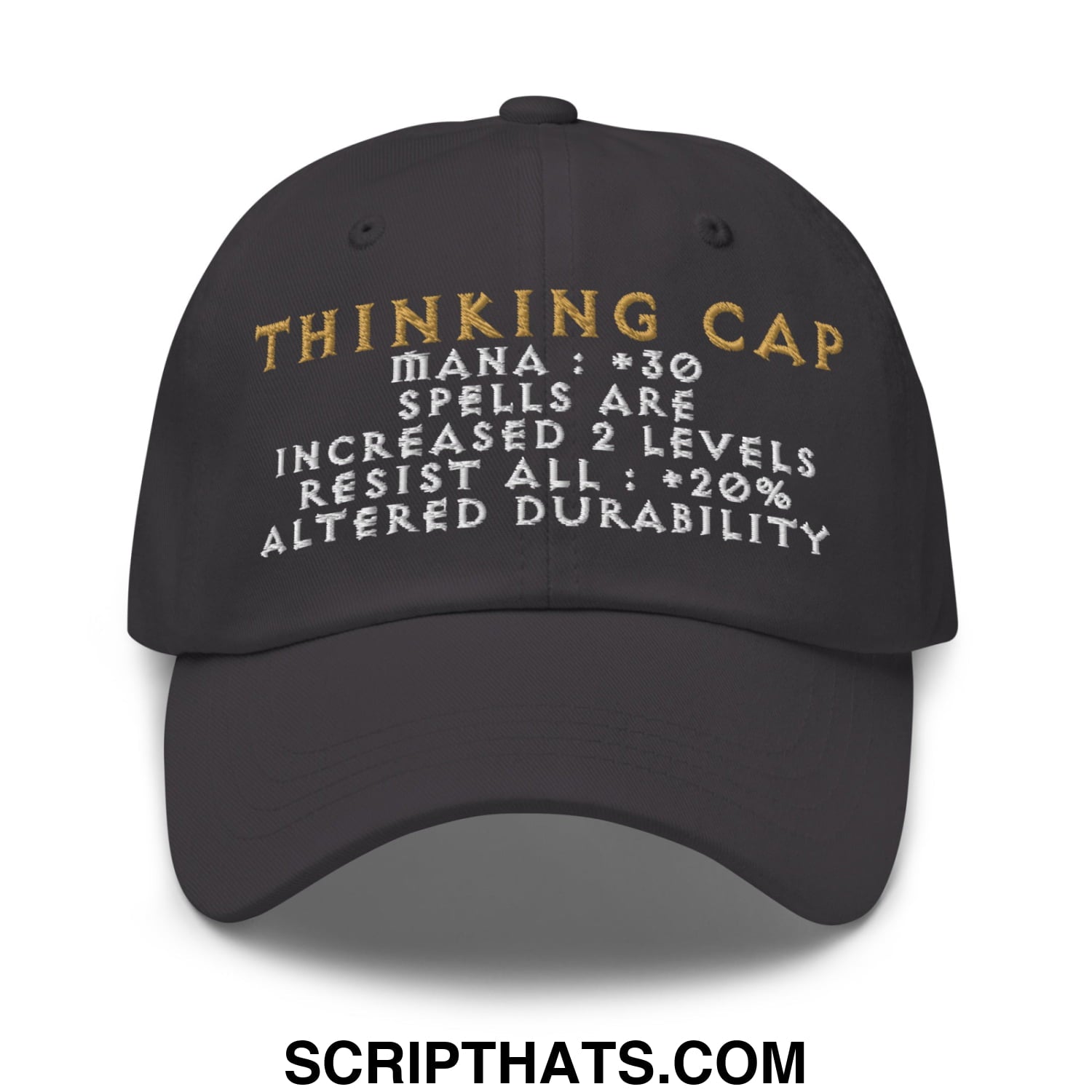 Black thinking cap diablo unstructured dad hat with gold and white embroidered game-like stats on front