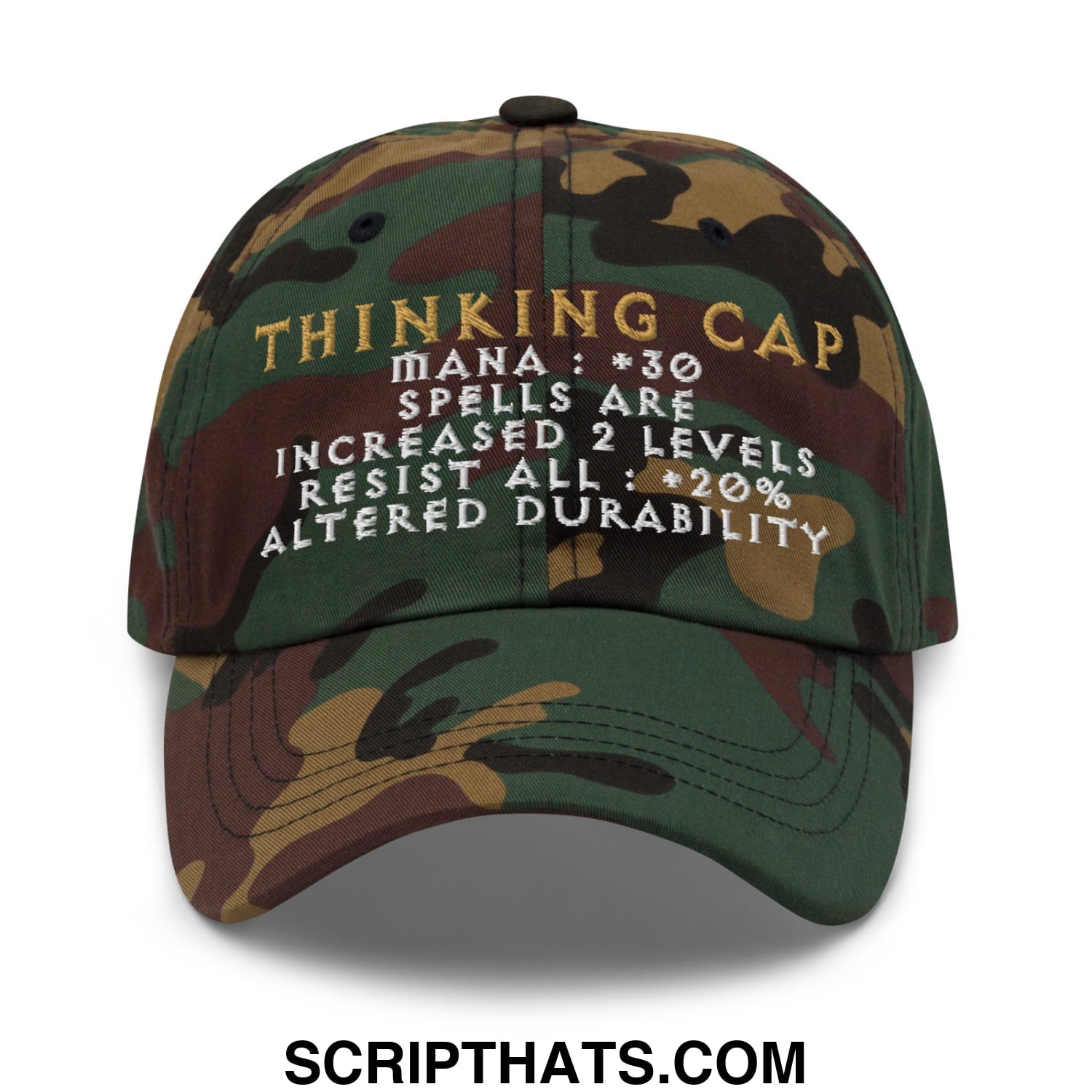 Thinking cap diablo embroidered unstructured dad hat with camouflage pattern and gold white thinking cap text and stats