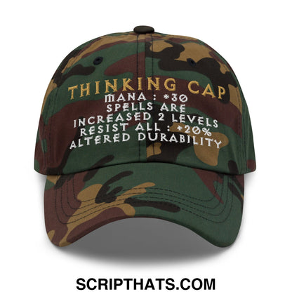 Thinking cap diablo embroidered unstructured dad hat with camouflage pattern and gold white thinking cap text and stats