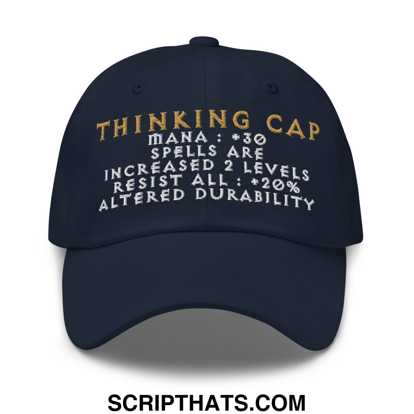 Dark navy thinking cap diablo embroidered unstructured dad hat with gold and white game-like stats text