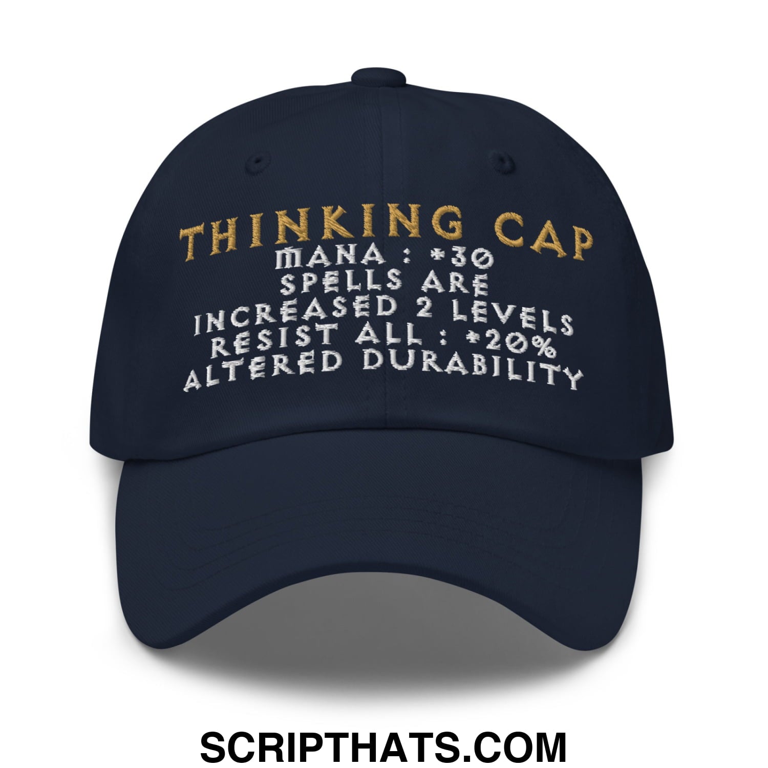 Dark navy thinking cap diablo embroidered unstructured dad hat with gold and white game-like stats text