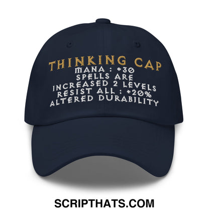 Dark navy thinking cap diablo embroidered unstructured dad hat with gold and white game-like stats text