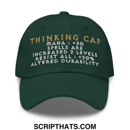 Dark green thinking cap diablo embroidered unstructured dad hat with gold and white game-style text and stats