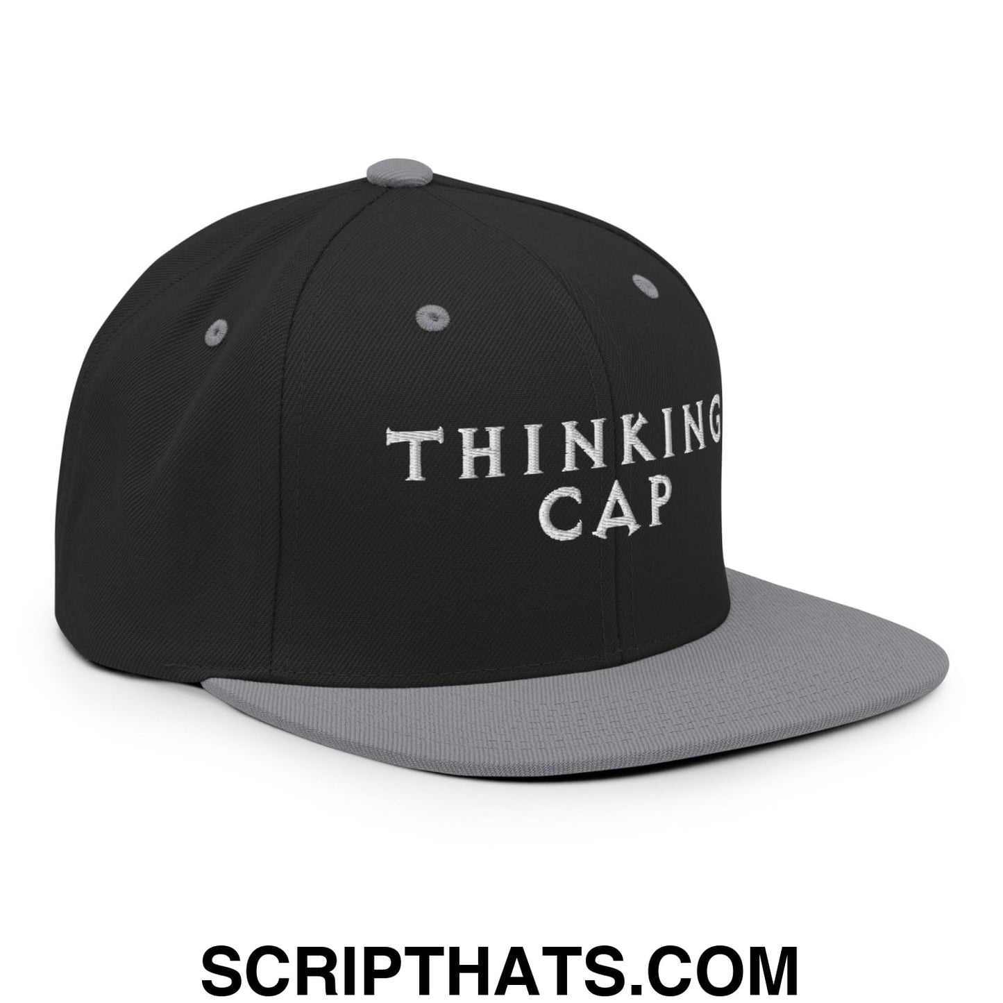 Thinking Cap Embroidered Flat Bill Brim Snapback Hat Black Silver