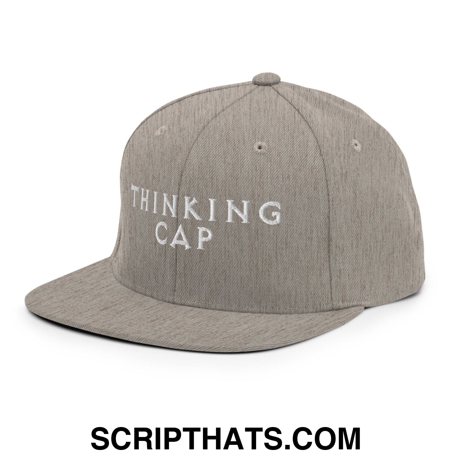 Thinking Cap Embroidered Flat Bill Brim Snapback Hat Heather Grey
