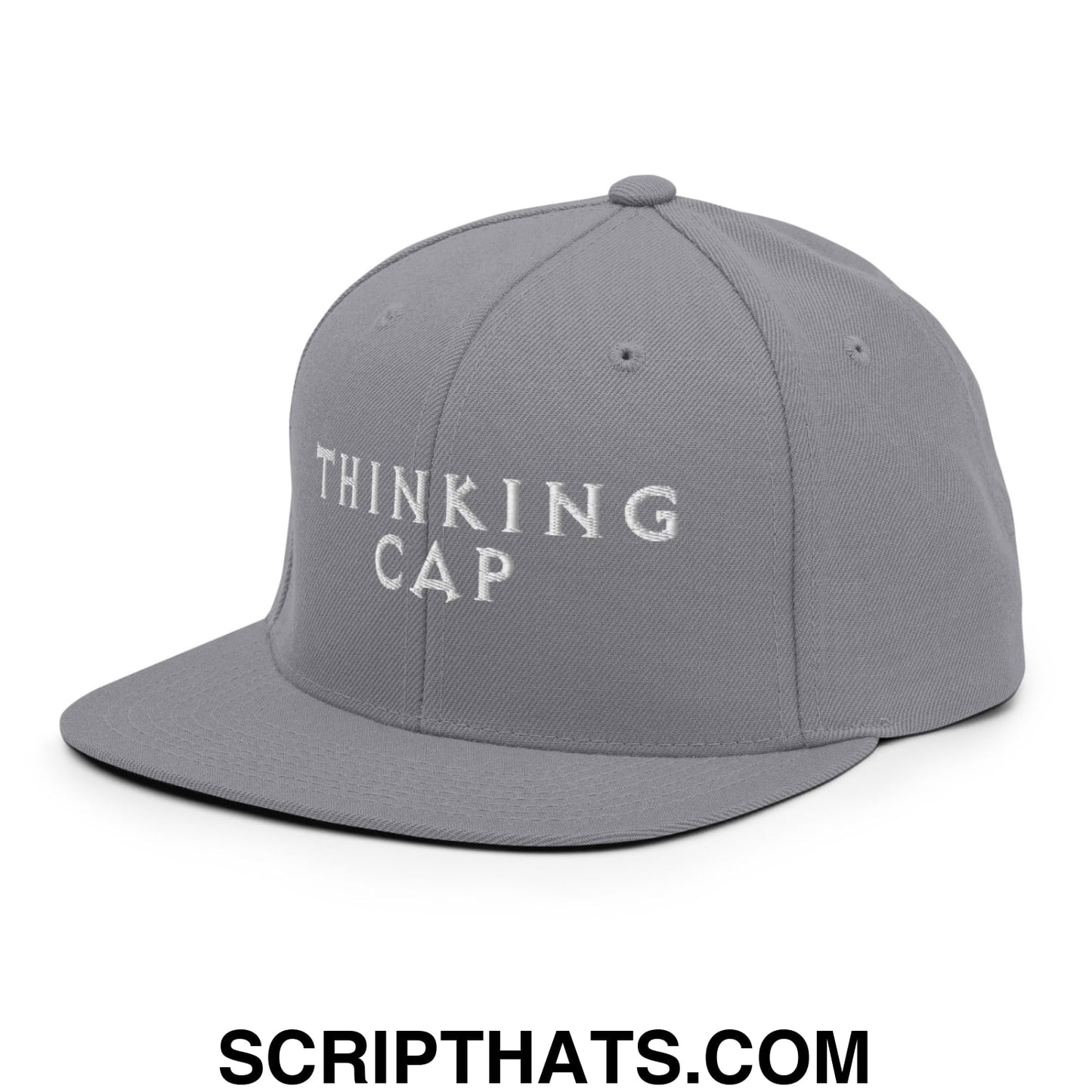 Thinking Cap Embroidered Flat Bill Brim Snapback Hat Silver