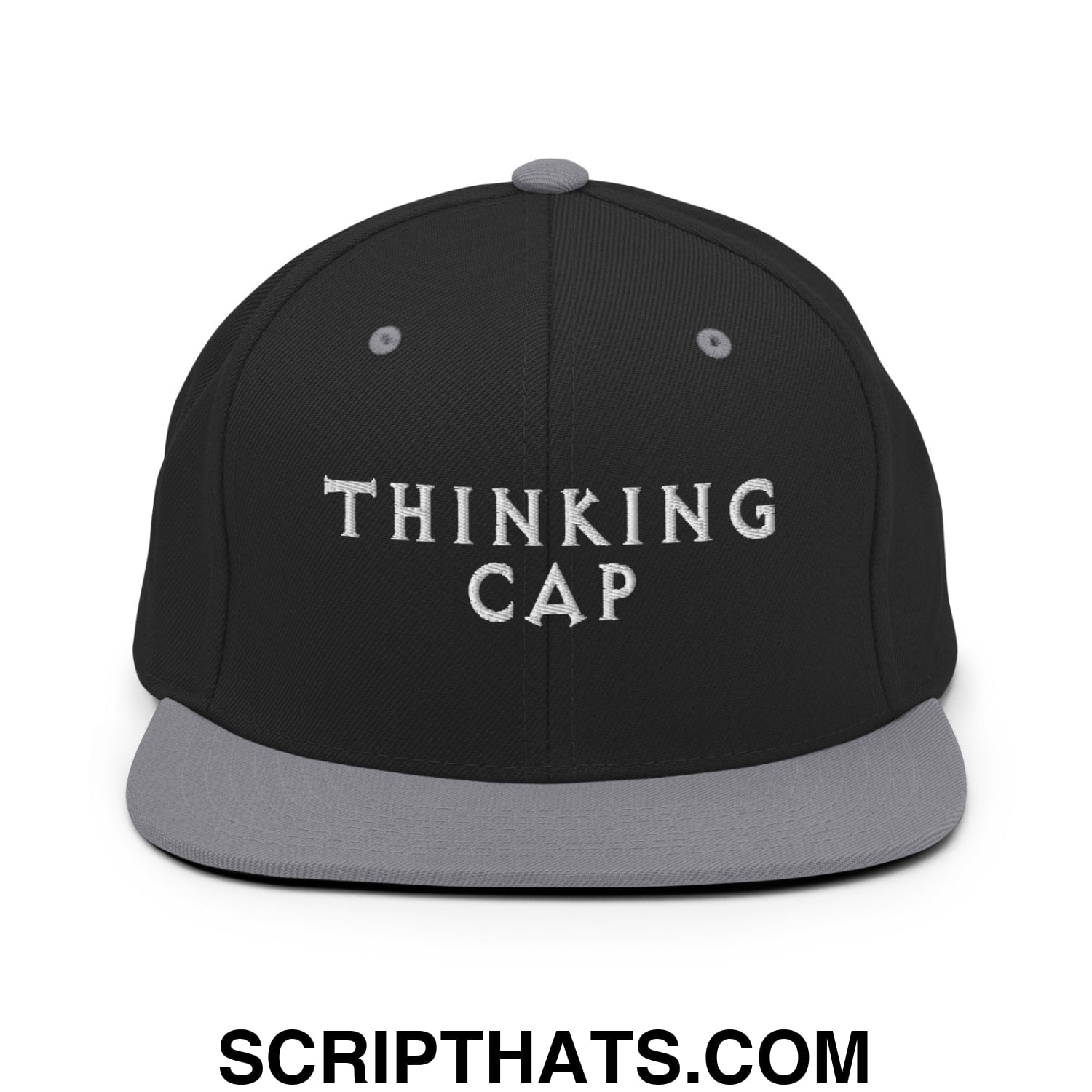 Thinking Cap Embroidered Flat Bill Brim Snapback Hat Black Silver