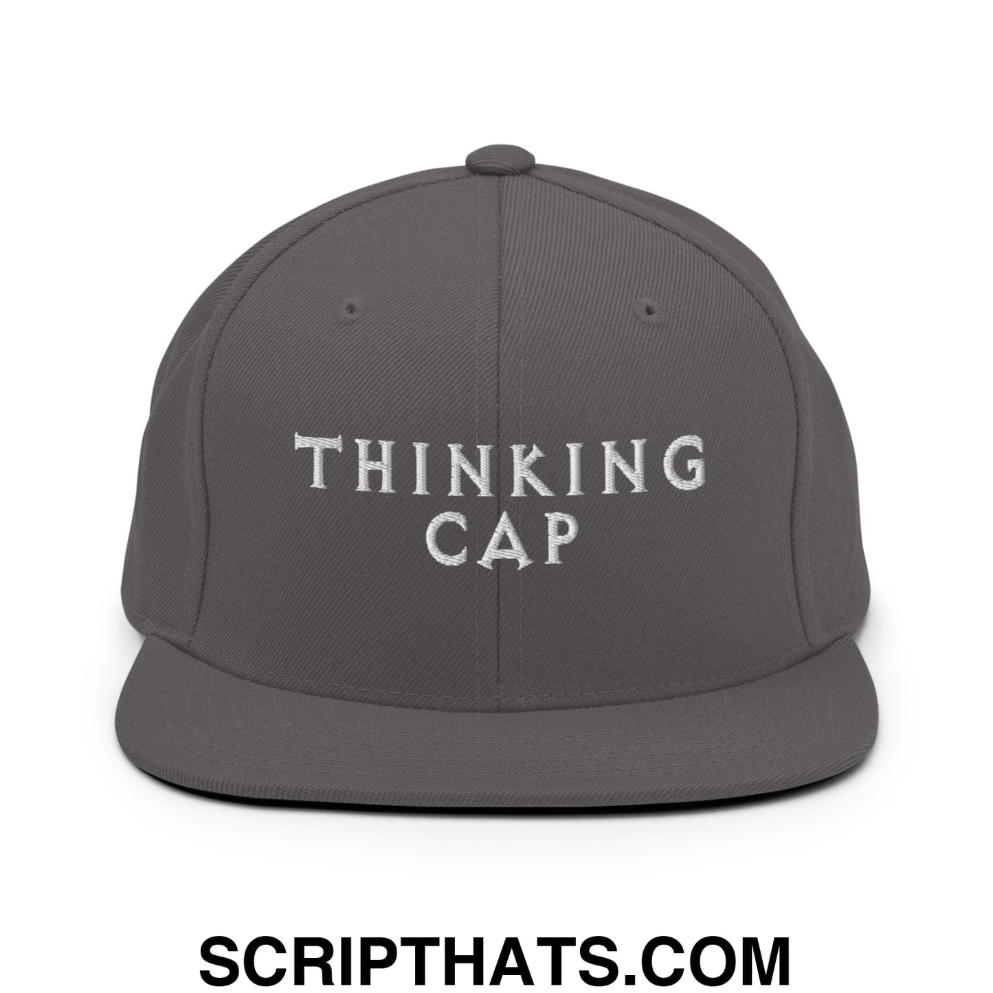 Thinking Cap Embroidered Flat Bill Brim Snapback Hat Dark Grey