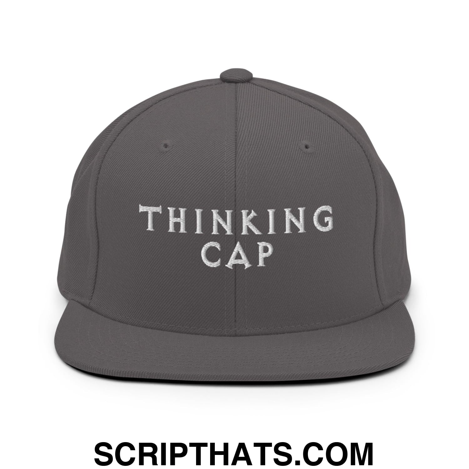 Thinking Cap Embroidered Flat Bill Brim Snapback Hat Dark Grey