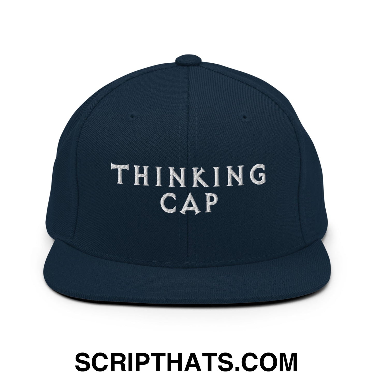 Thinking Cap Embroidered Flat Bill Brim Snapback Hat Dark Navy