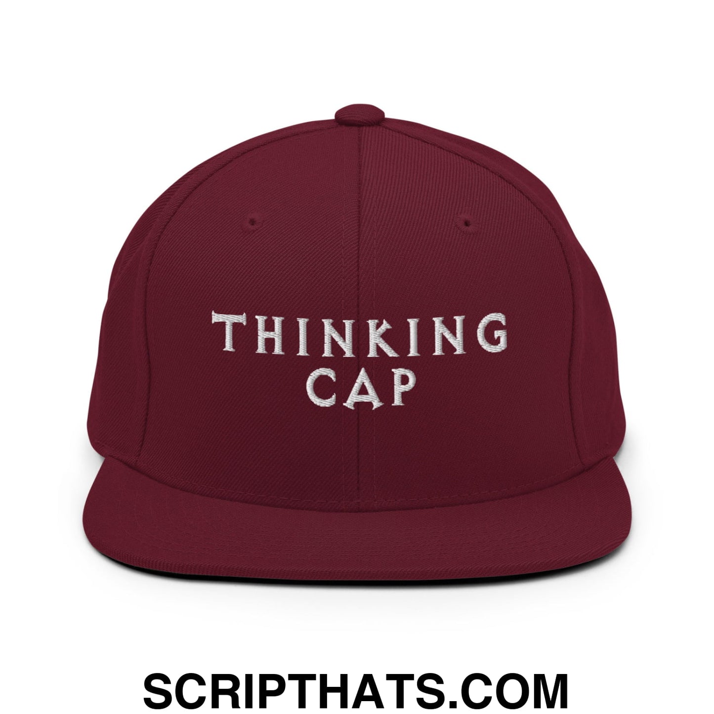 Thinking Cap Embroidered Flat Bill Brim Snapback Hat Maroon