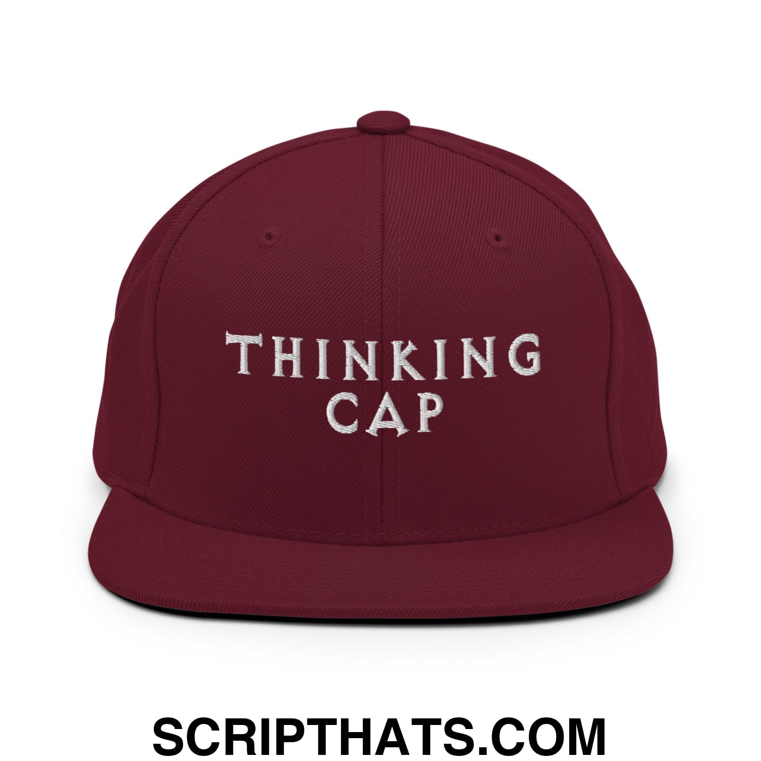 Thinking Cap Embroidered Flat Bill Brim Snapback Hat Maroon
