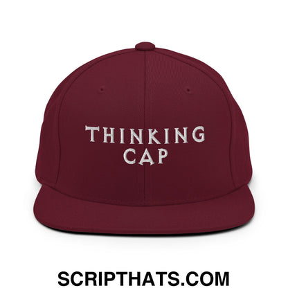 Thinking Cap Embroidered Flat Bill Brim Snapback Hat Maroon