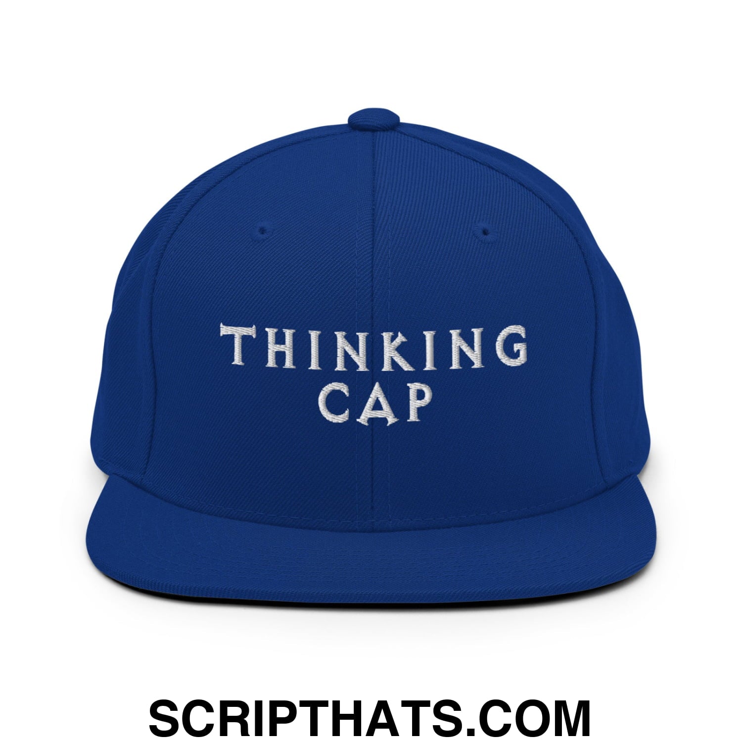 Thinking Cap Embroidered Flat Bill Brim Snapback Hat Royal Blue